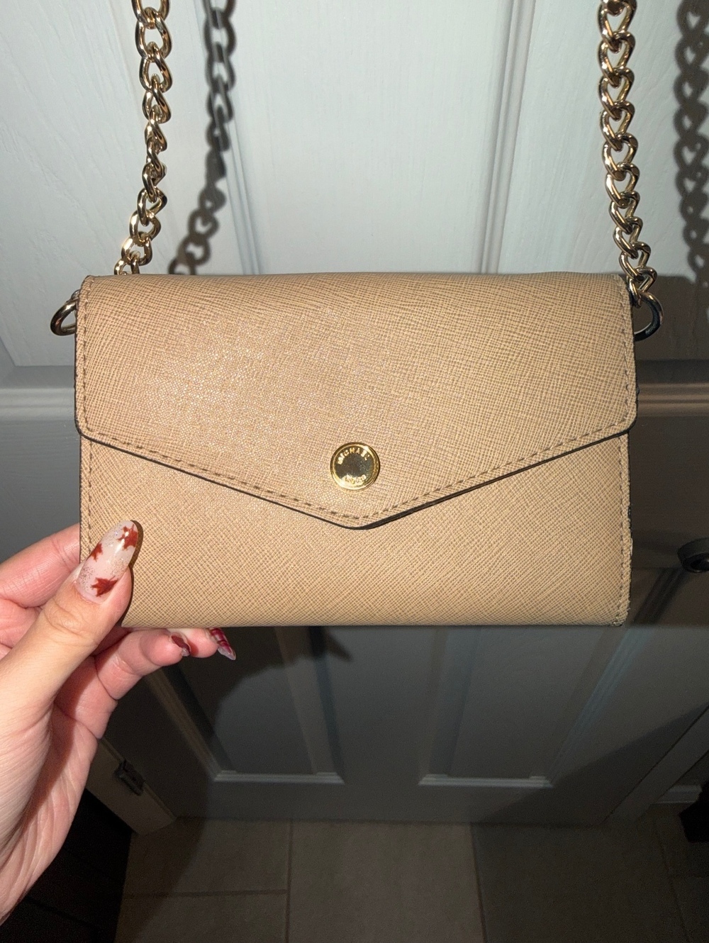 Michael Kors Tan Saffiano Wallet on Chain Crossbody Bag Gold Tone